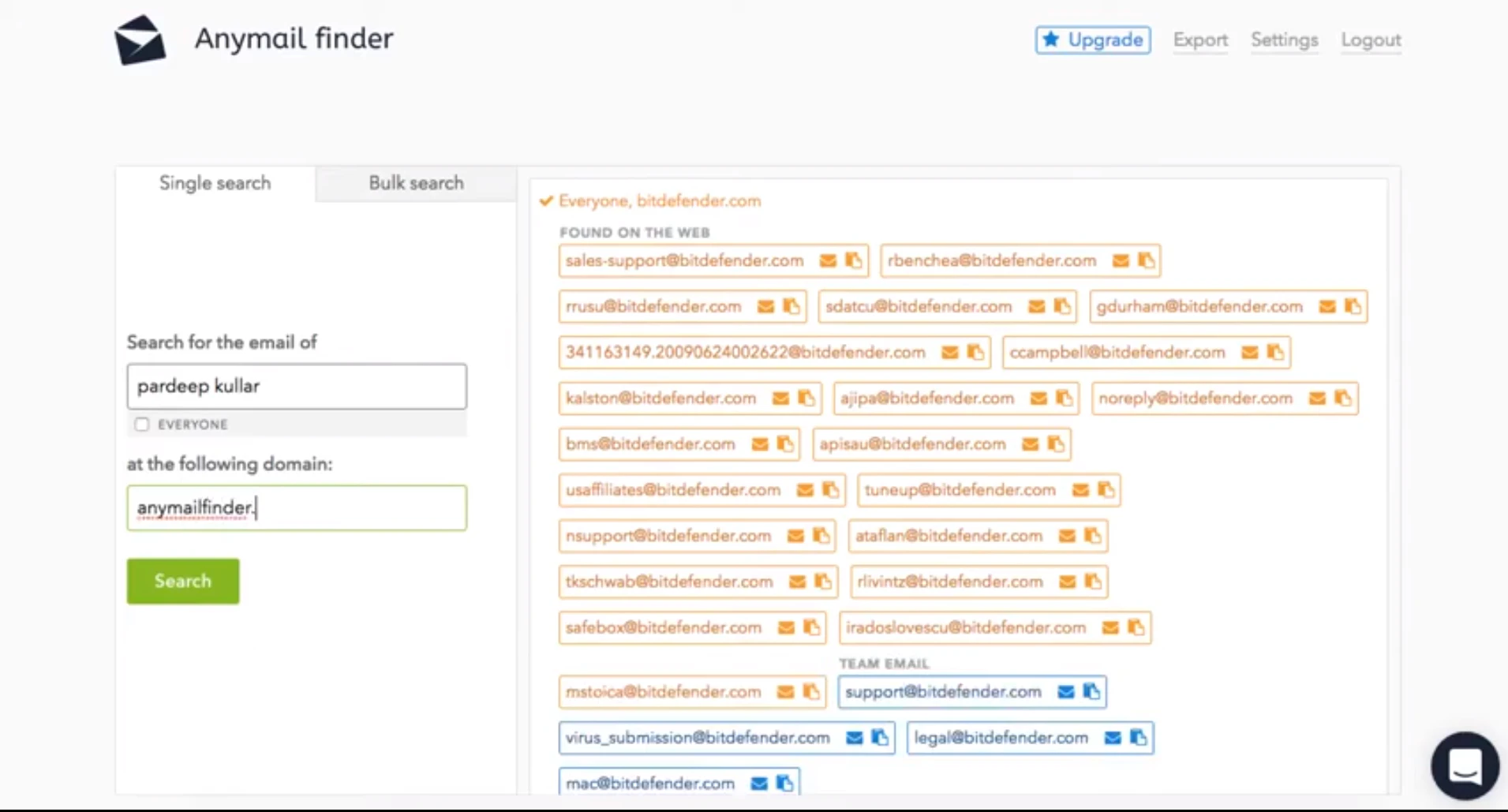screenshot of Anymail finder